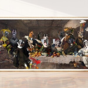 May include: A framed print depicting a parody of a classic painting, featuring dogs in place of human figures. The artwork has a vintage aesthetic, with a wooden frame and a warm color palette. The dogs are dressed in period clothing, gathered around a table.