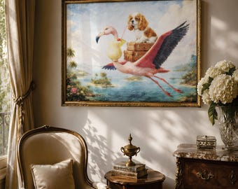 Blenheim Cavalier King Charles Spaniel Flying Flamingo Art | Quirky Wall Decor | Moody Oil Painting