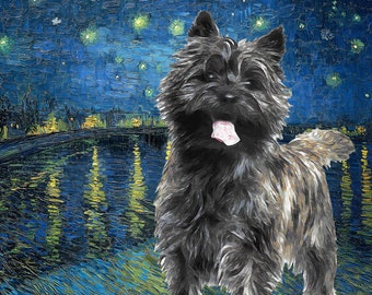 Toile d'art Cairn terrier Nuit étoilée sur le Rhône Impression personnalisée Van Gogh Cairn terrier Portrait de chien personnalisé Cadeaux pour maman et papa