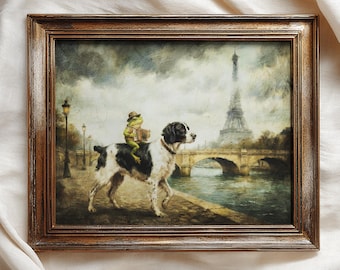 Lámina vintage de un perro bretón con una rana tocando el acordeón en París / Decoración artística original / Arte mural con un toque melancólico