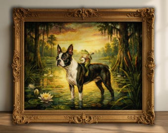 Boston Terrier Frog Serenade Art | Quirky Home Decor | Moody Canvas Print