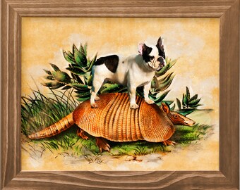 Pied Frenchie French Bulldog riding armadillo Art Vintage CANVAS Print Dog Mom and Dad Personalized gifts Vintage Dog