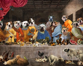 English Bulldog Last Supper Art: Renaissance Canvas Gallery Wrap