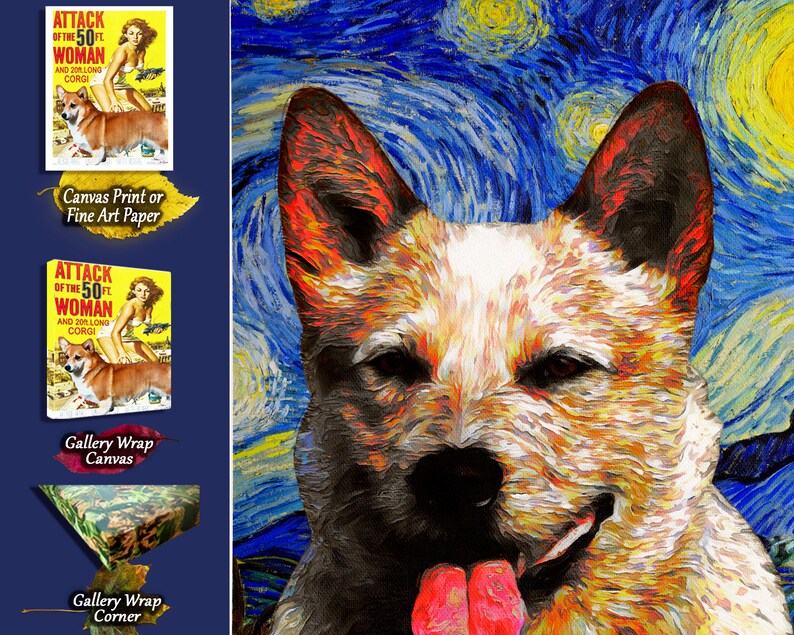 Red Heeler Art CANVAS, Van Gogh Starry Night Print, Customized Australian Cattle Dog Portrait Mom & Dad gifts image 3