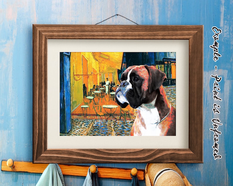 Fawn Boxer Dog Art CANVAS Van Gogh Cafe terrace at night Print Boxer Dog natural ears Personalized Dog Portrait Mom /& Dad gifts