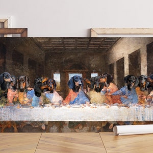 黒のダックスフントの最後の晩餐の改変アート、レオナルド ダ ヴィンチの限定版キャンバス ラップ、ルネッサンスの傑作、犬のママとパパへのギフト