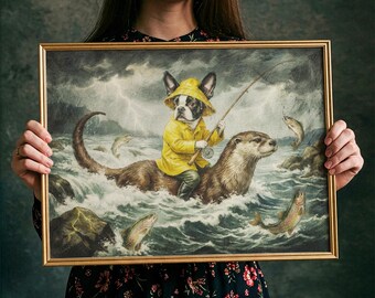Boston Terrier Fishing on Otter Art | Quirky Home Decor | Moody Canvas Print