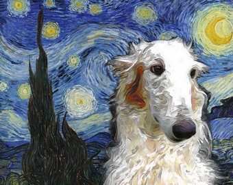 Borzoi The starry night Art CANVAS Customized Van Gogh print Russian Wolfhound Painting Personalized Dog Portrait Mom & Dad gifts