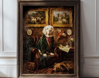 Cuadro al óleo de estilo antiguo de Clumber Spaniel sobre lienzo, arte mural tradicional, retrato de perro de caza clásico.