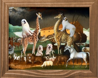 Great Pyrenees Art CANVAS Print Noah's Ark Pyrenean Mountain Dog riding Giraffe Dog Mom & Dad gifts Edward Hicks wall art by Nobility Dogs