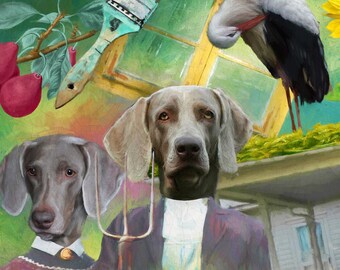 Weimaraner Art American Gothic Altered Folk Artwork Limited Edition Canvas Wrap Country Limited Print for Weim Dog Mom & Dad gifts