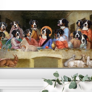 Greater Swiss Mountain Dog Last Supper Altered Artwork Canvas, Renaissance Dog Masterpiece Famous Print, Nobility Dogs Mom & Dad gifts