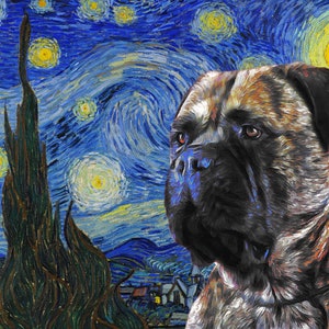 Bullmastiff Starry night Art CANVAS Van Gogh Customized print Brindle Bullmastiff Personalized Dog Portrait Mom & Dad gifts