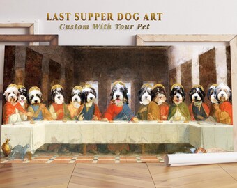 May include: A framed canvas print featuring a parody of The Last Supper, with dogs replacing the figures. The dogs have halos and are dressed in robes. The table is set with a white tablecloth. The text "LAST SUPPER DOG ART Custom With Your Pet" is at the top.