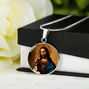 Basset Hound and Jesus Christ Necklace, Dog Pendant, Engrave Option, Custom Renaissance Dog, Personalized Memorial Jewelry image 6