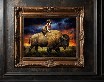 Boston Terrier Cowboy Riding Bison Art | Quirky Wild West Decor | Moody Canvas Print