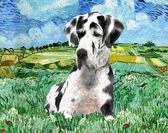 Harlequin Great Dane natural ears Art CANVAS The Plain near Auvers Van Gogh Customized print gifts for dog owner xmas gifts