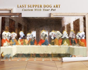Cuadro de la Última Cena con Bedlington Terrier: Lámina de perro estilo renacentista, retrato personalizado de mascota.