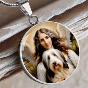 Bearded Collie and Guardian Angel Pendant, Beardie Dog Necklace, Personalized with Engrave Option, Dog Gifts, Custom Dog Memorial Jewelry