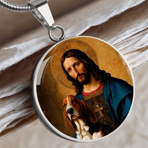 Basset Hound and Jesus Christ Necklace, Dog Pendant, Engrave Option, Custom Renaissance Dog, Personalized Memorial Jewelry image 7