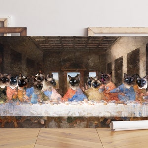 Siamese Cat Gift, Last Supper Cat Art, Renaissance Thai Cat Masterpiece Print, Traditional Siamese Cat Mom & Dad gifts