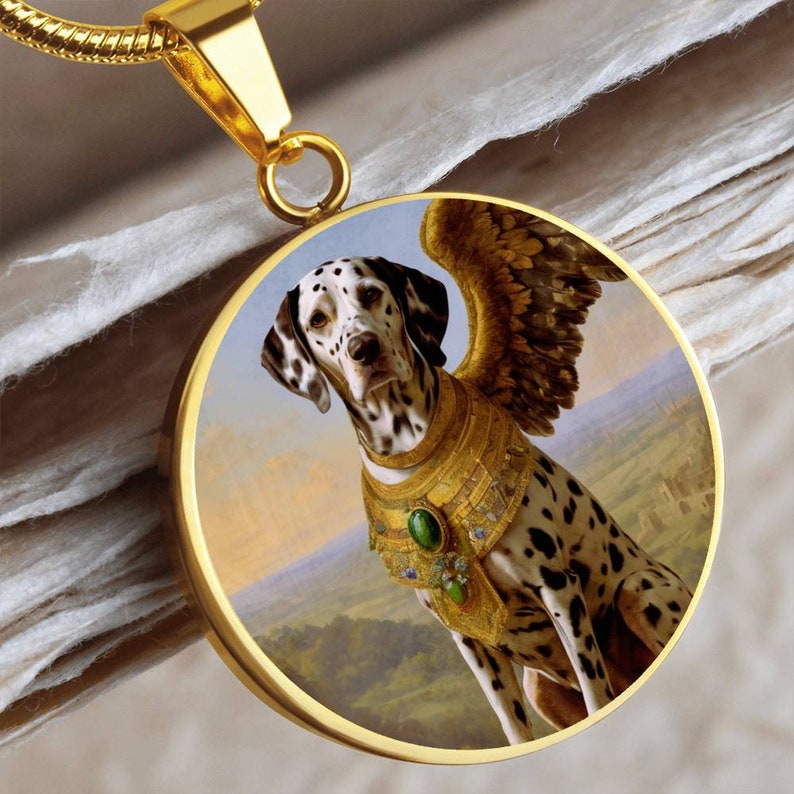 Collier ange pour chien dalmatien tacheté de foie, personnalisé avec option de gravure, cadeaux chien ange, pendentif ange, bijoux commémoratifs de chien personnalisés image 1