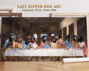 Black and Tan Dachshund Last Supper Art – Renaissance Dog Portrait – Personalized Canvas Gift for Dog Mom or Dad
