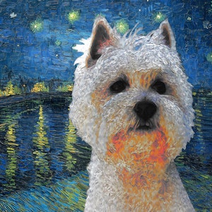 Westie Art Canvas - Personalized Starry Night Van Gogh Print - Custom Dog Portrait for Mom and Dad - West Highland White Terrier Gifts