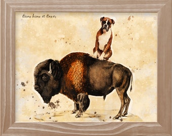 Vintage Brindle Boxer Dog Riding Bison Art - Fine Art Print Canvas Print Mug Pillow Tote Bag - Gifts for Dog Mom  Dad