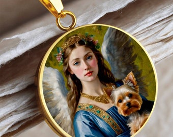 Yorkshire Terrier and Guardian Angel Dog Necklace, Yorkie Pendant, Engrave Option, Custom Renaissance Dog, Personalized Memorial Jewelry