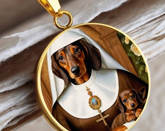 Dachshund Virgin Mary, Chocolate Sausage Dog Necklace, Wiener Dog Pendant, Renaissance Dog, Engrave Option, Doxie Dog Gifts