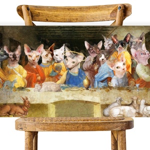 Sphynx Cat Gifts, Last Supper Altered Cat Art, Renaissance Cat Masterpiece Print, Hairless Cat Mom & Dad gifts