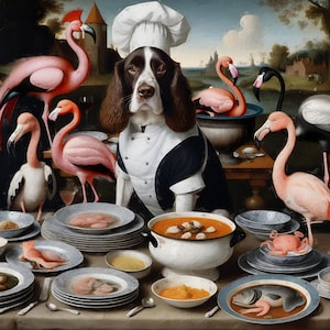 English Springer Spaniel Lowbrow Print, Springer Flamingo&#39;s Chef Art, Hieronymus Bosch, CANVAS STRETCHED,Surrealist Art, Dog Mom & Dad gifts
