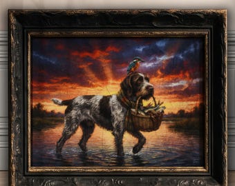 Lámina de estilo cottagecore oscuro con grifón de pelo duro y martín pescador / Arte canino peculiar / Decoración de pared con ambiente melancólico