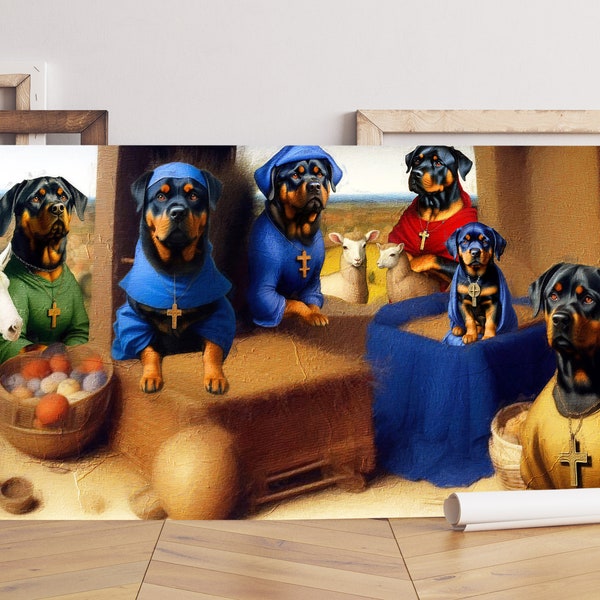 Rottweiler Dog Nativity, Rottie Dog Art Holy Family, Religious Gifts, Dog Canvas Wrap, Christmas Dog Gifts, Renaissance Dog Mom & Dad gifts