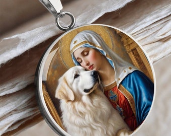 Great Pyrenees Dog and Virgin Mary Necklace, Dog Pendant with Engrave Option, Renaissance Dog, Custom Dog Memorial Jewelry