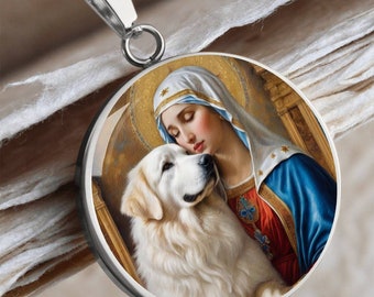 Collier de chien des Grandes Pyrénées et de la Vierge Marie, pendentif pour chien avec option de gravure, chien de la Renaissance, bijoux commémoratifs pour chiens personnalisés