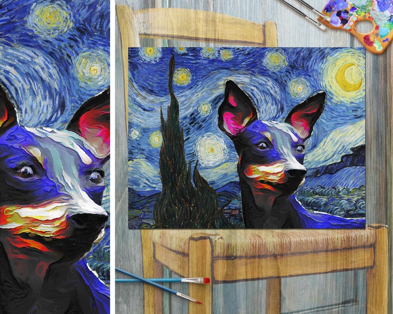 12x9 16x12 Toy Manchester Terrier Art Starry night Van Gogh CANVAS Print English Toy Terrier Gifts choose size 8x6 24x18 20x15