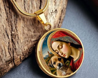 Border Terrier and Virgin Mary Necklace, Renaissance Dog Pendant with Engraving Option, Renaissance Dog, Custom Dog Memorial Jewelry
