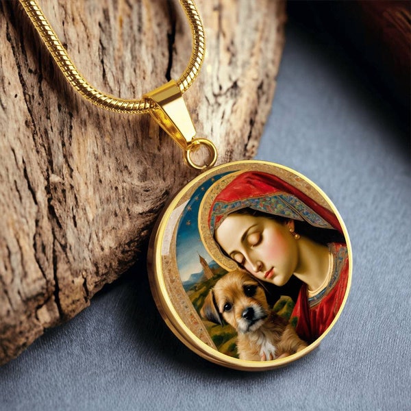 Collier Border Terrier et Vierge Marie, pendentif chien Renaissance avec option de gravure, chien Renaissance, bijoux commémoratifs de chien personnalisés