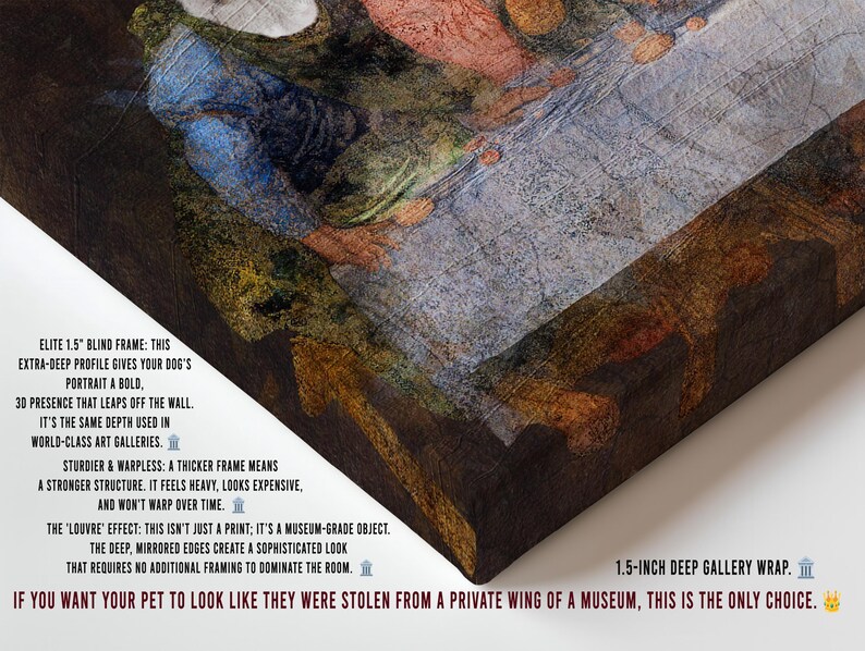 The image is a close-up of a textured, colorful painting with a detailed description of the artwork.