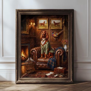 May include: A framed oil painting depicting an Irish Setter dog wearing a green tweed jacket and white cravat, sitting in a brown leather armchair. The scene includes a fireplace, two framed dog portraits, a bird cage, and a pheasant mount.