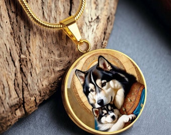 Collier vierge Marie et chiot malamute d'Alaska, pendentif chien malamute avec option de gravure, cadeaux chien Renaissance, bijoux chien personnalisés