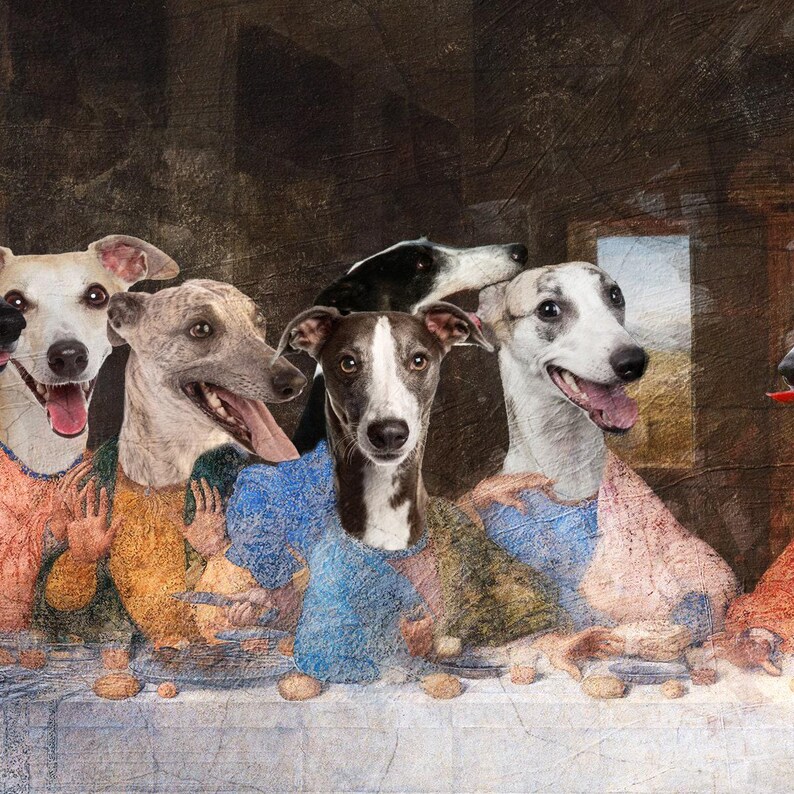 Retrato real personalizado de perro Whippet de la Última Cena, Retratos de perros reales, Retrato real personalizado de mascota, Arte canino regio imagen 10