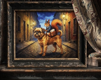 Brussels Griffon Mail Carrier Squirrel Art | Quirky Street Decor | Moody Canvas Print