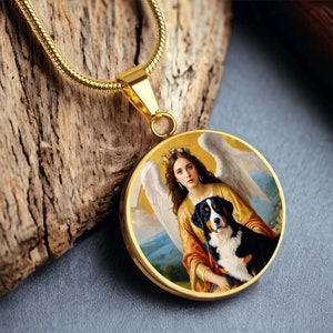 Bernese Mountain Dog and Guardian Angel, Bernese Mountain Dog Necklace, Berner Dog Pendant with Engraving Option, Renaissance Dog Gifts, Cus