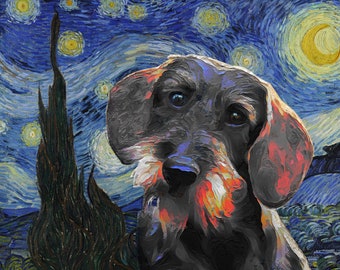 Wire-Haired Dachshund Art Print: Starry Night Dog Portrait