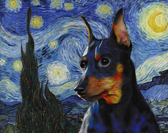Miniature Pinscher Art: Van Gogh Starry Night Style, Personalized Dog Portrait