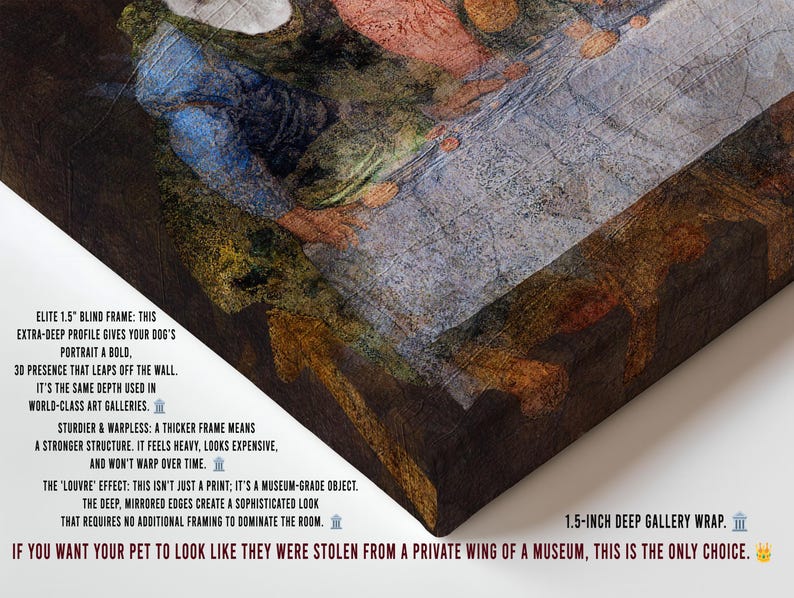 The image is a close-up of a textured, colorful painting with a detailed description of the artwork.