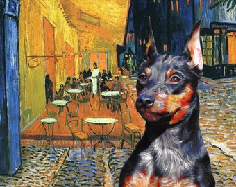 Black Miniature Pinscher Art Canvas Van Goghs Cafe Terrace at Night Print - Personalized Min Pin Dog Portrait - Mom and Dad Gifts